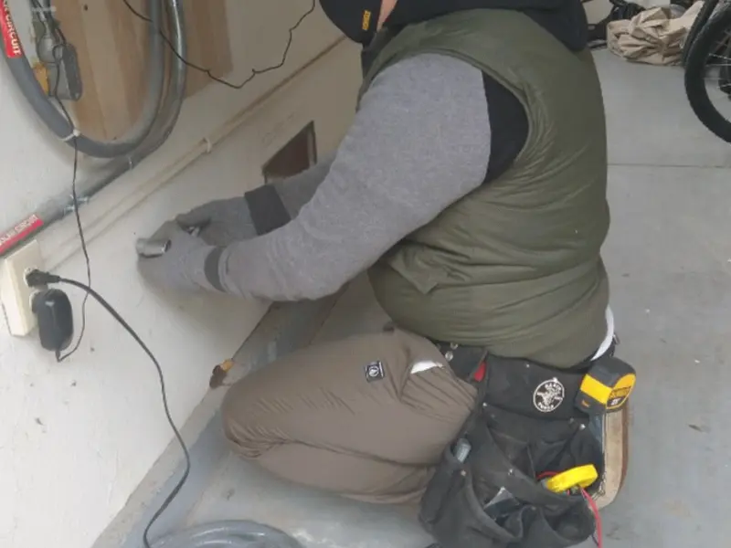 Electrician performing outlet wiring in a Newberg garage